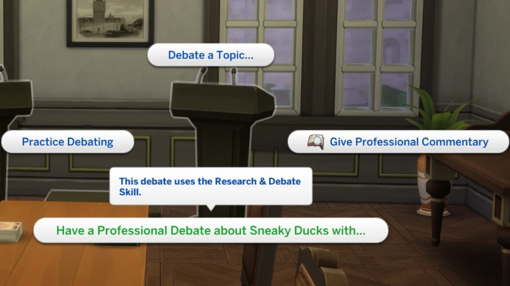 A screenshot of a podium from The Sims 4 with Have a professional debate about sneaky ducks highlighted