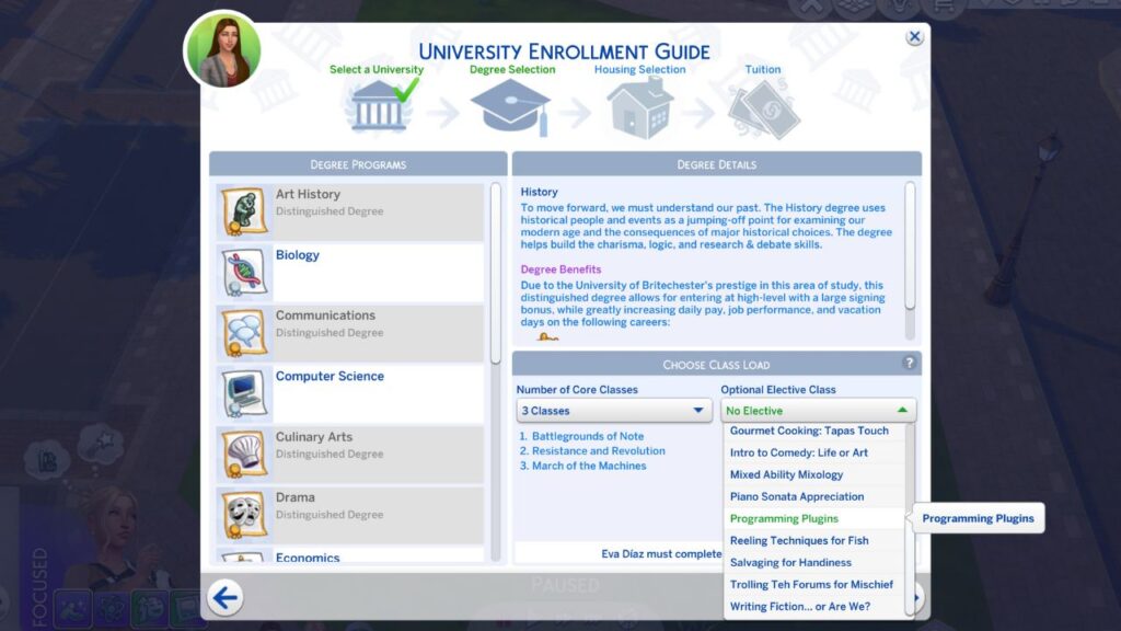 A screenshot showing the option to take a programming elective in the sims 4