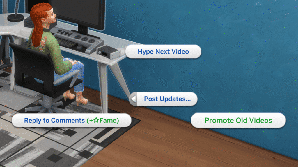A screenshot from The Sims 4 showing the post updates menu for the more views video station with Promote Old Videos highlighted 
