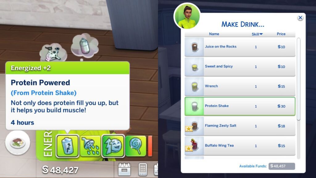 A screenshot from The Sims 4 showing the protein shake sims can make for an energized moodlet