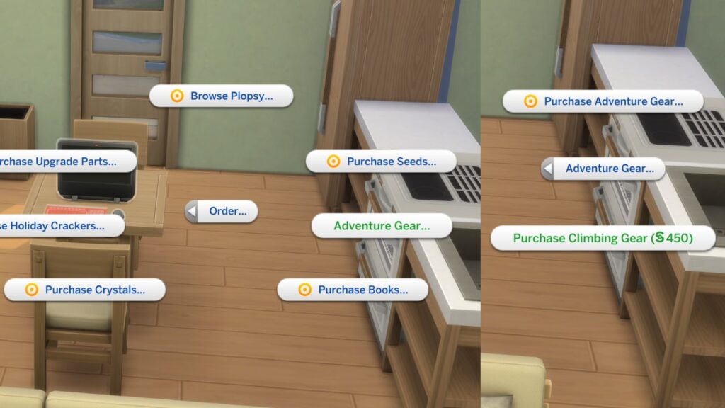 A screenshot from the sims 4 showing how to purchase climbing gear