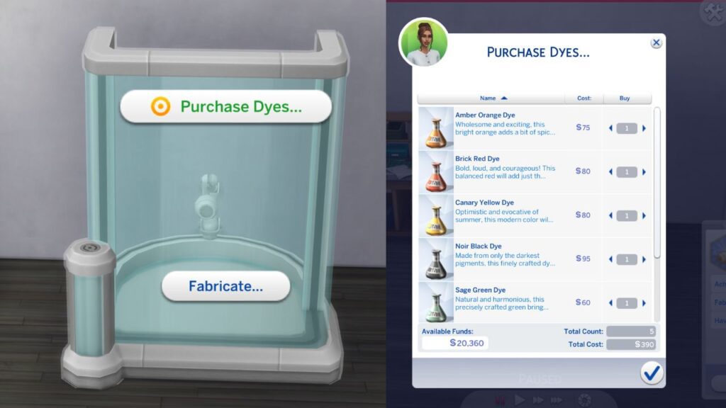 A screenshot from The Sims 4 showing how to purchase dyes on a fabricator