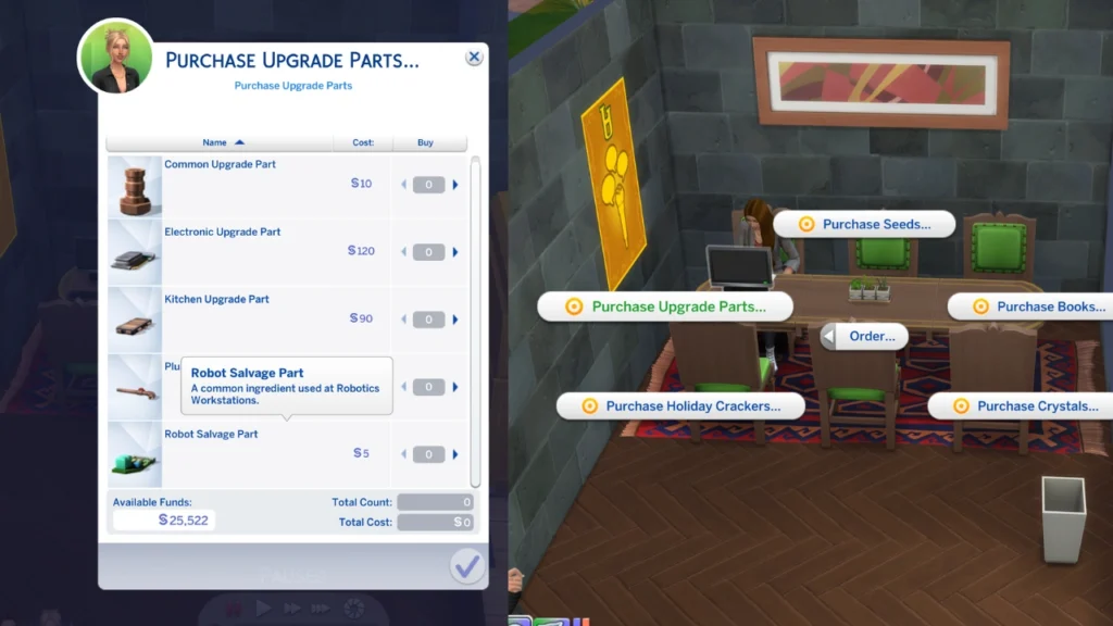 A screenshot of two images from The Sims 4. The first image is a purchase upgrade parts menu and the second is the computer menu to find that menu 