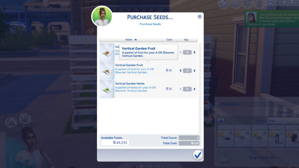 A screenshot of the menu to purchase vertical seeds in the sims 4