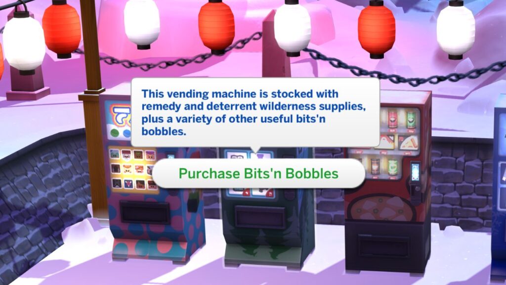 A set of vending machines with the purchase bits 'n bobbles menu open