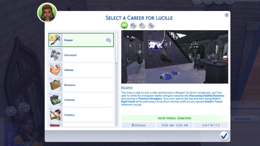 A screenshot from The Sims 4 showing the reaper career description