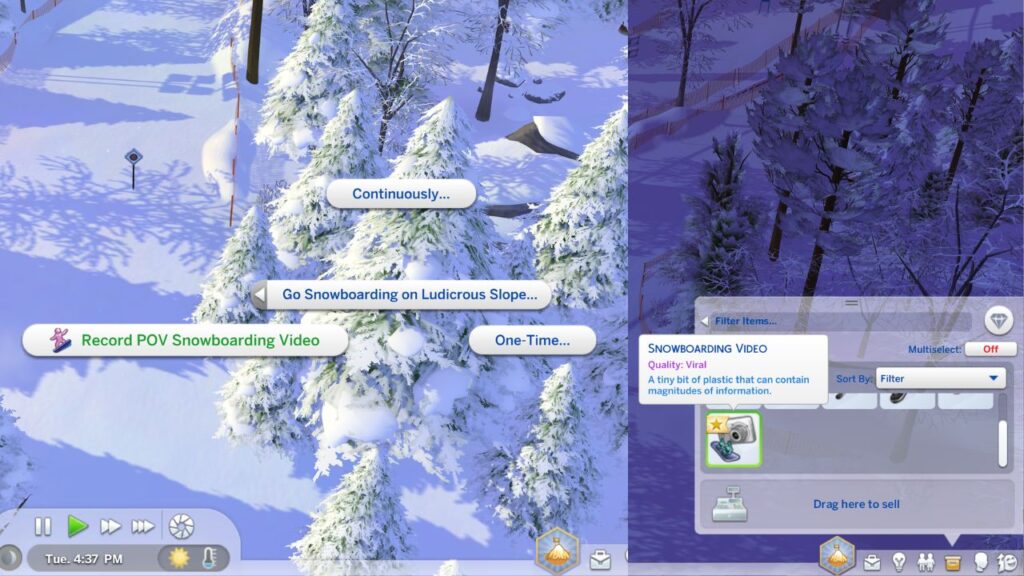 A screenshot from the sims 4 snowing the option to record pov snowboarding video 