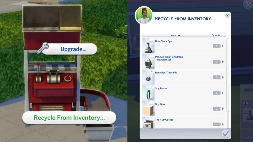 A screenshot from The Sims 4 showing how to recycle items from your inventory for bits and pieces 