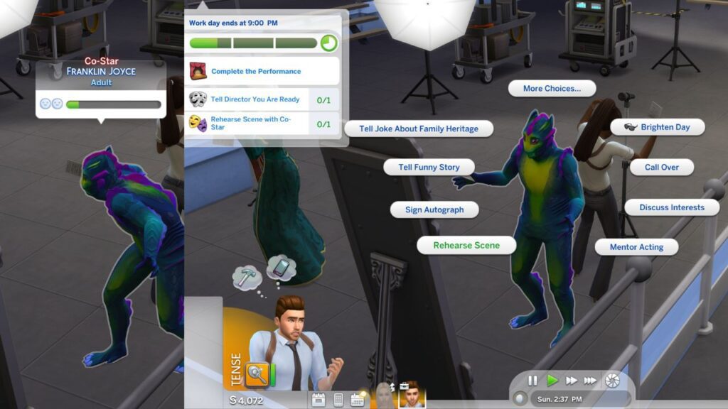 A screenshot from The Sims 4 showing how to find and rehearse a scene with a co-star