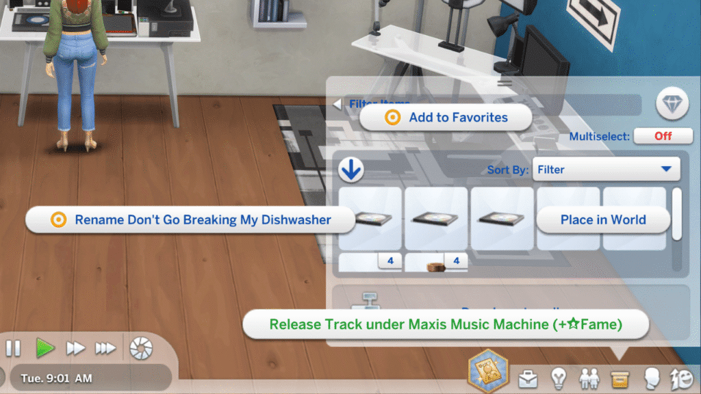 A screenshot from The Sims 4 showing the release track under record label option 