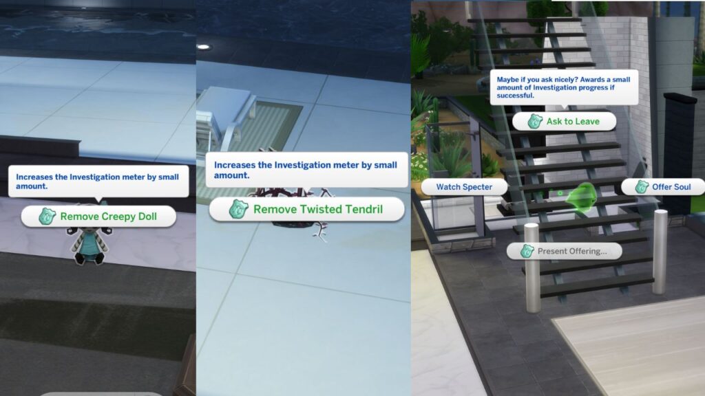 A screenshot of a bunch of creepy stuff in the sims 4 with remove options for paranormal investigations