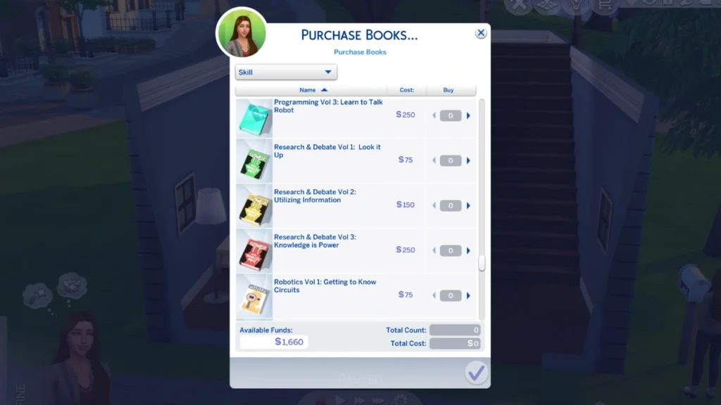 A screenshot from The Sims 4 showing the research & debate skill books