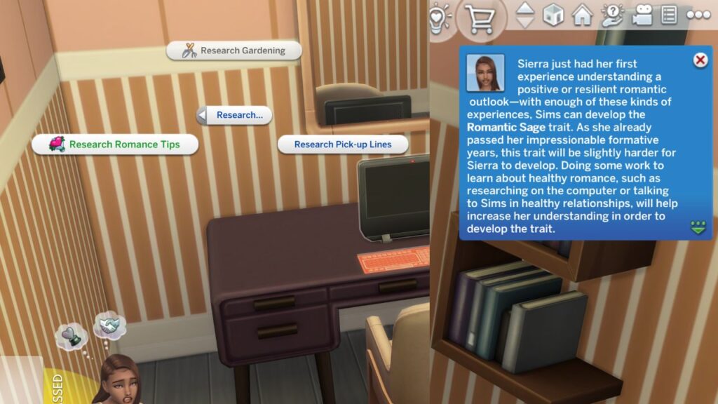 A screenshot from the sims 4 showing the option to research romance tips on a computer 