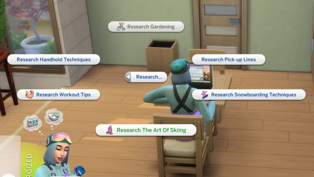 A sim sitting at a table on a computer with the research the art of skiing menu highlighted 