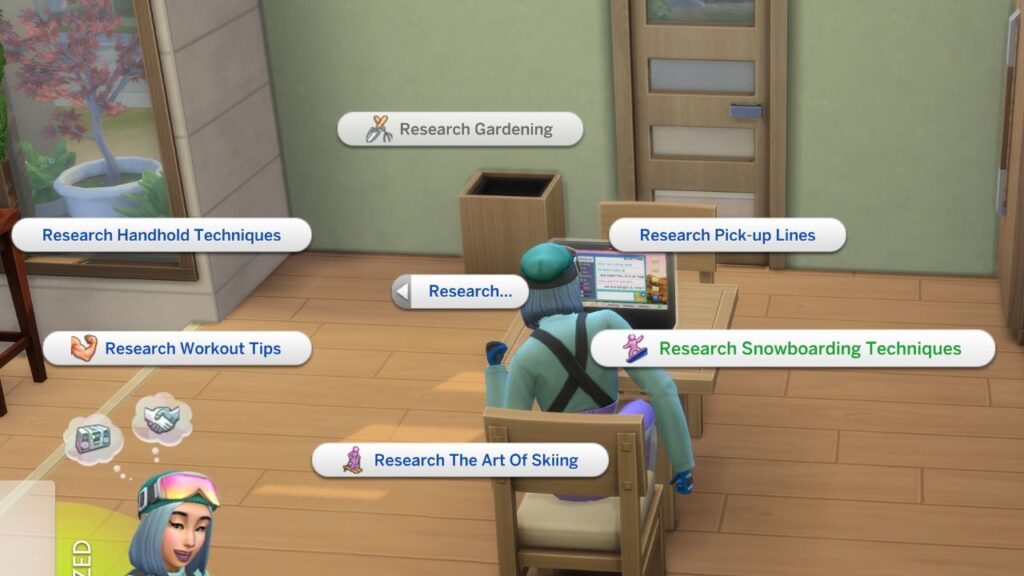 A screenshot of a sim at a computer with a menu open that has research snowboarding techniques highlighted 