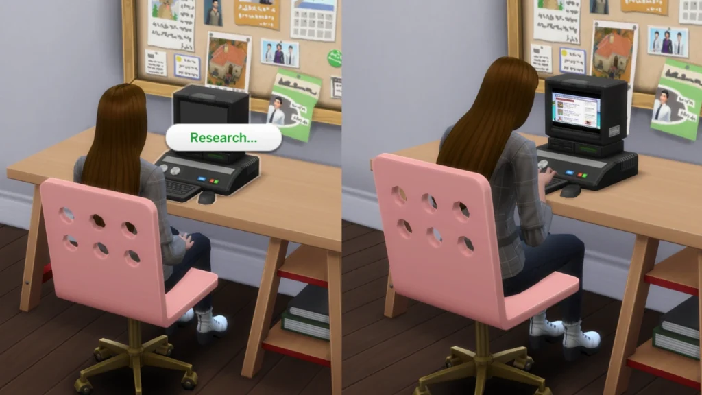 A set of two screenshots from The Sims 4 the first one shows a computer with the research option open, the second shows a sim researching