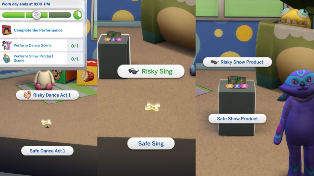 A screenshot from The Sims 4 showing how to do risky performances 
