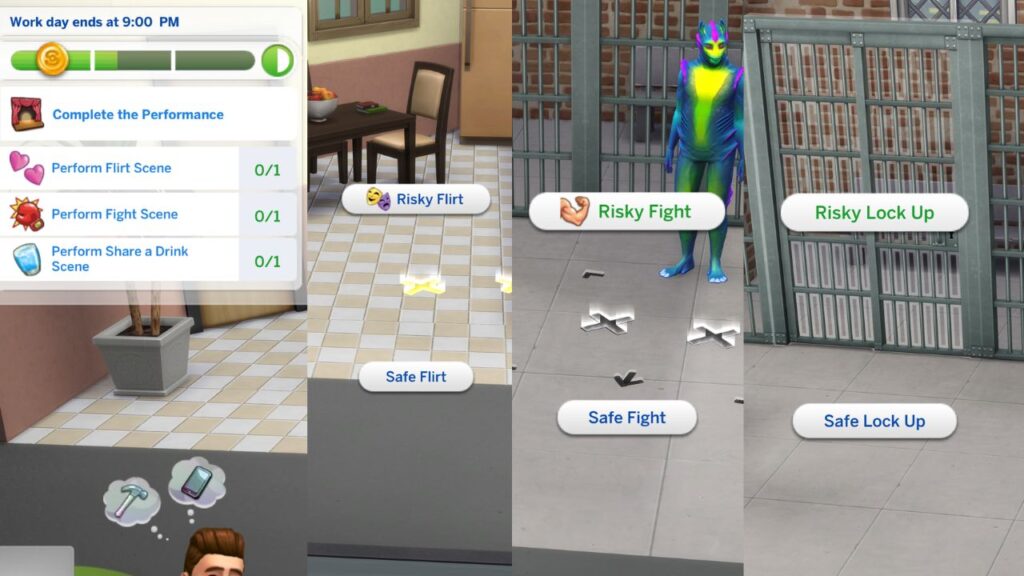 A screenshot from The Sims 4 showing the acting career performance options for a TV gig