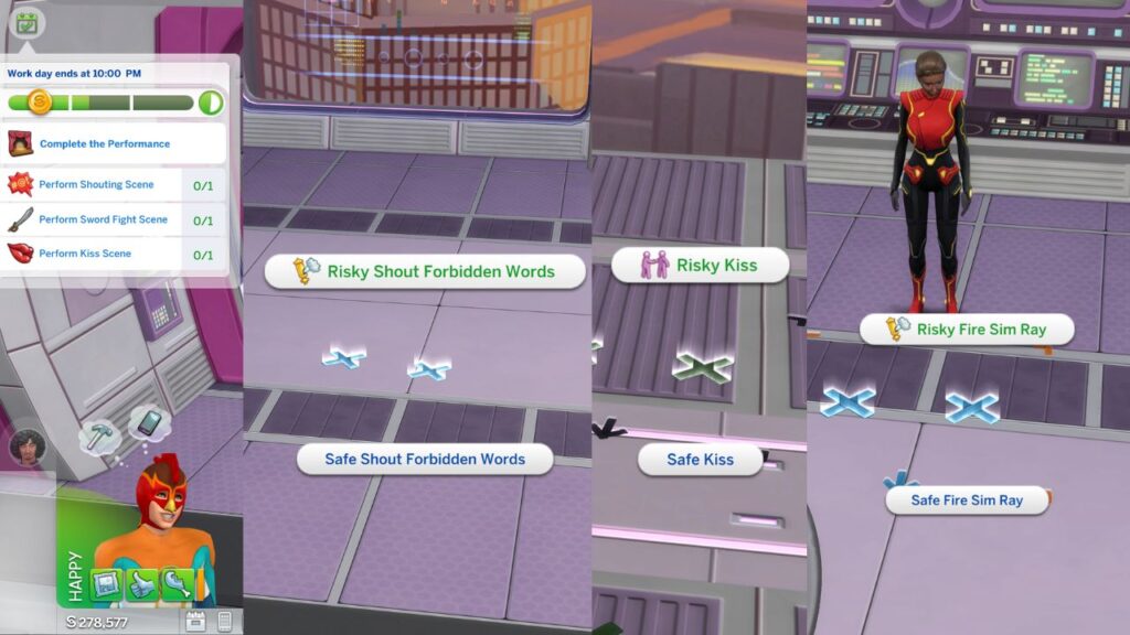 A set of screenshots from The Sims 4 showing risky vs safe acting interactions for the acting career 