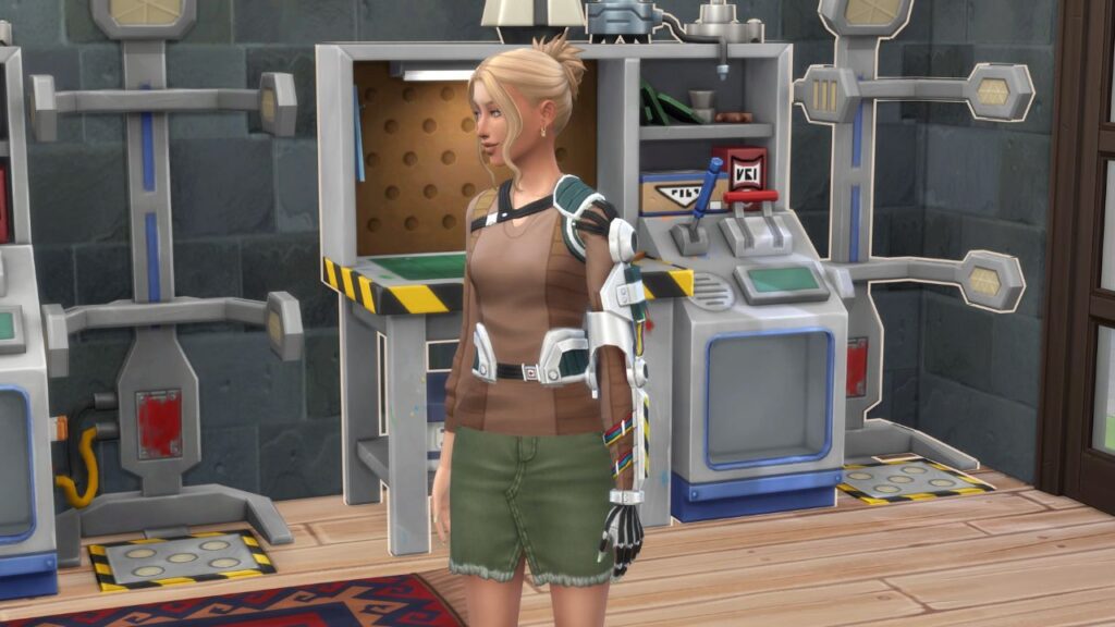 A screenshot from The Sims 4 showing a sim wearing a robo-arm