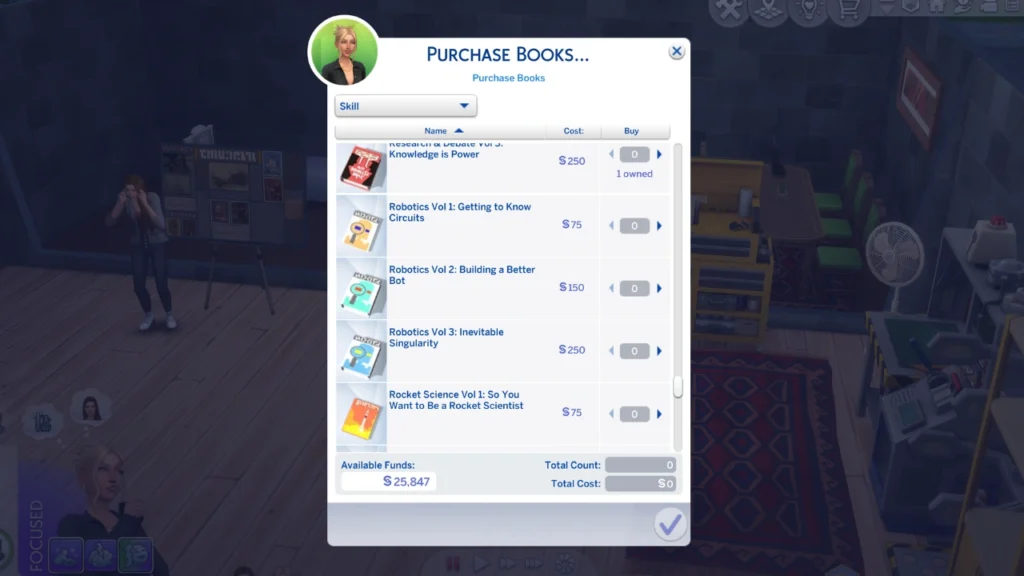 A screenshot from The Sims 4 showing off the robotics skill books 