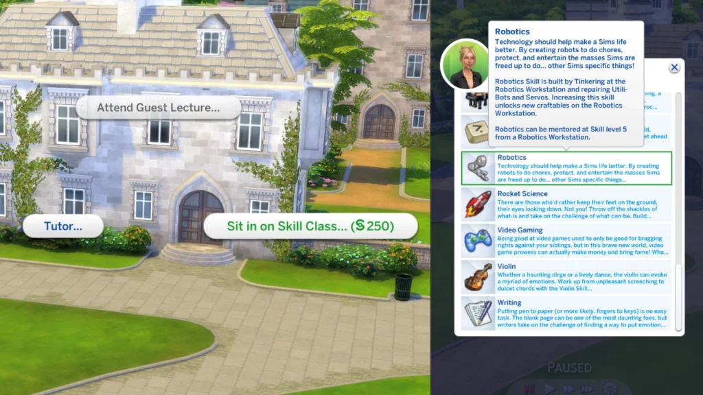 A set of two screenshots from The Sims 4. The first is of a building with a menu to sit in on skill class open. The second has the menu for skill classes open with robotics highlighted 