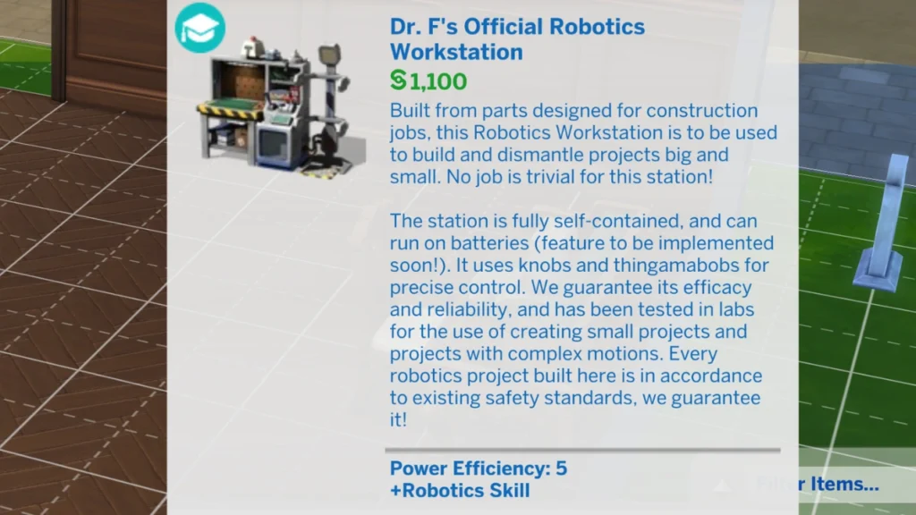 A screenshot from The Sims 4 showing off the official robotics work station and its item description 