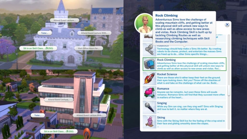 A screenshot from The Sims 4 showing the option to take a rock climbing skill class