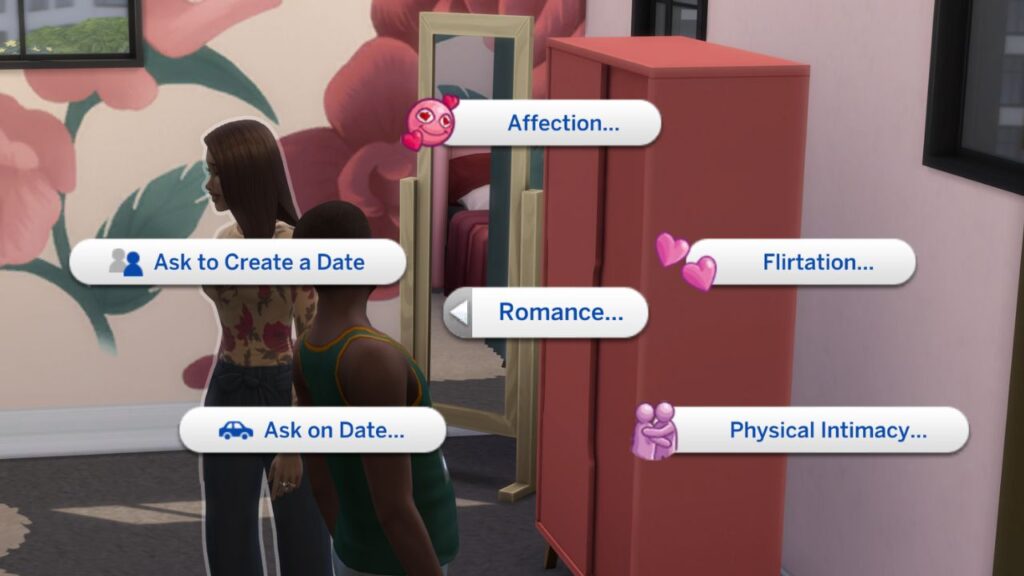 A screenshot from The Sims 4 showing the different romantic interaction categories 
