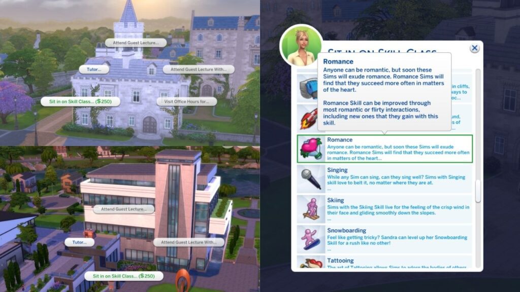 A screenshot from The Sims 4 showing how sims can take a romance skill class