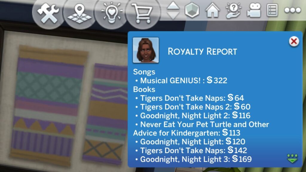 A screenshot of a sim's royalty report from The Sims 4 earning book royalties for the best selling author aspiration
