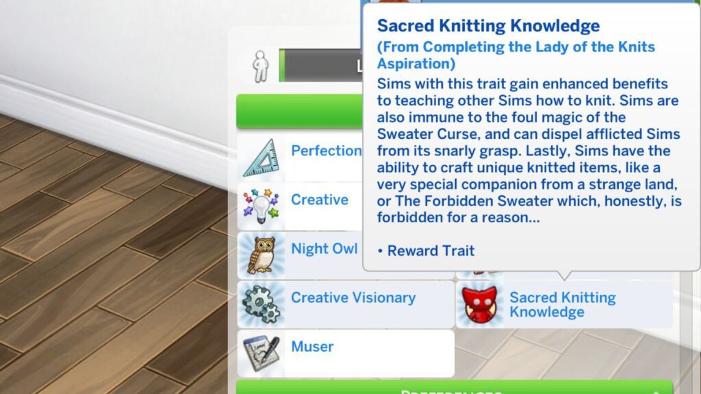 A screenshot from The Sims 4 of the sacred knitting knowledge reward trait