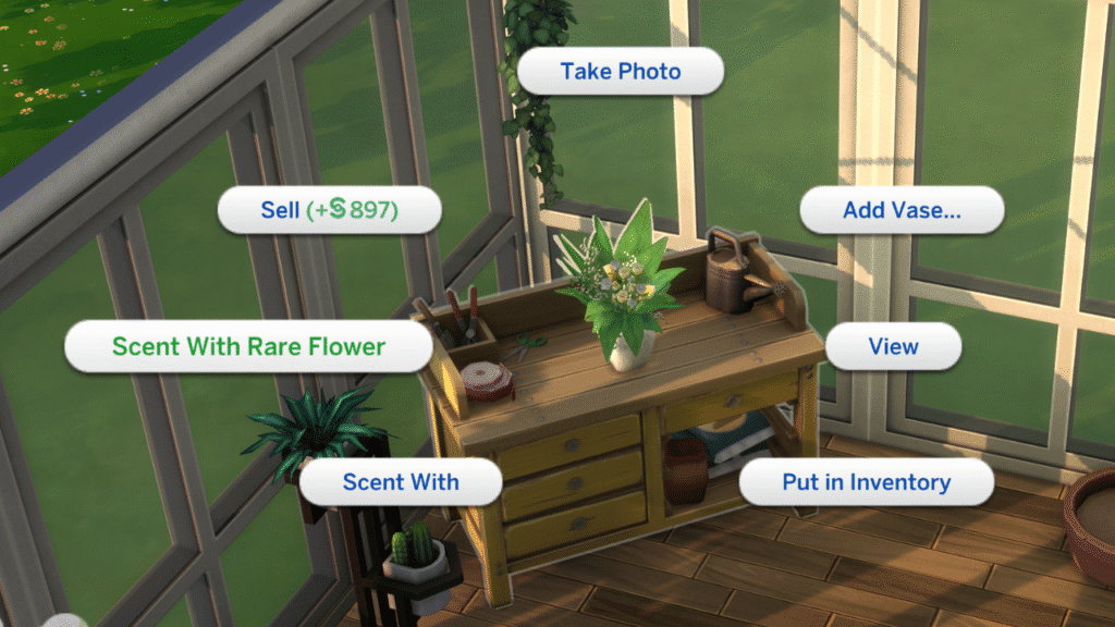 A screenshot from The Sims 4 that shows a flower arrangement on a table and the menu is open with Scent With Rare Flower open