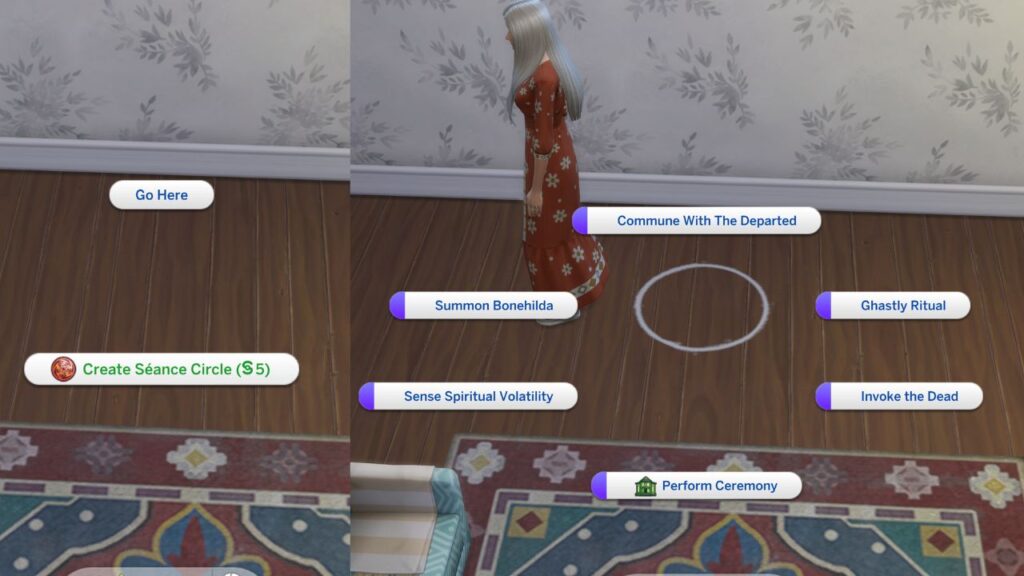 A screenshot from The Sims 4 showing a sim creating a seance circle on the floor