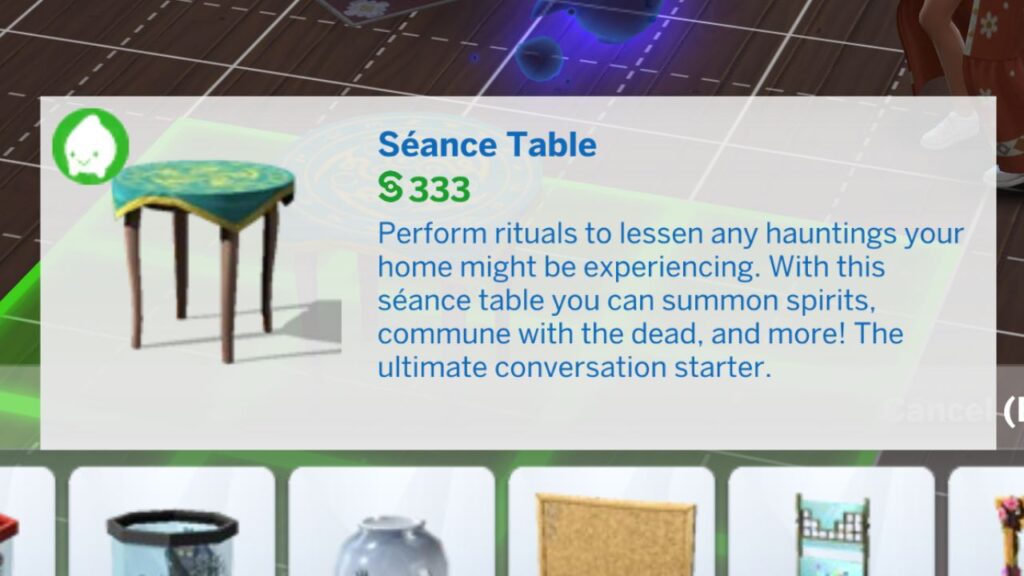 A screenshot from The sims 4 of the build mode listing for the Seance table