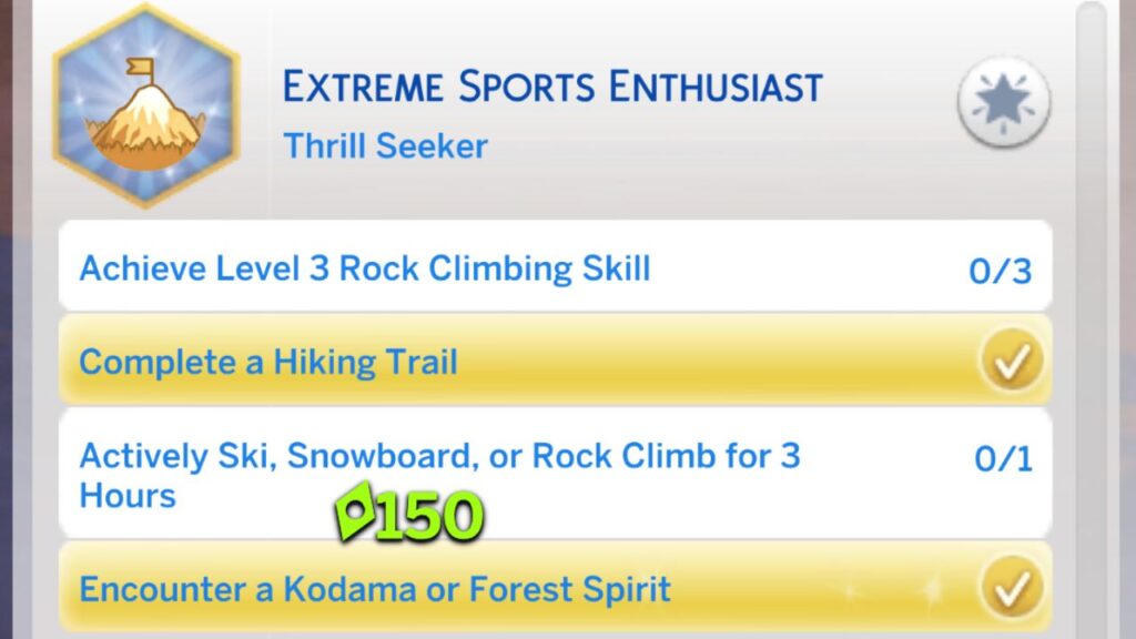 A screenshot from The Sims 4 of the second section of the extreme sports enthusiast aspiration