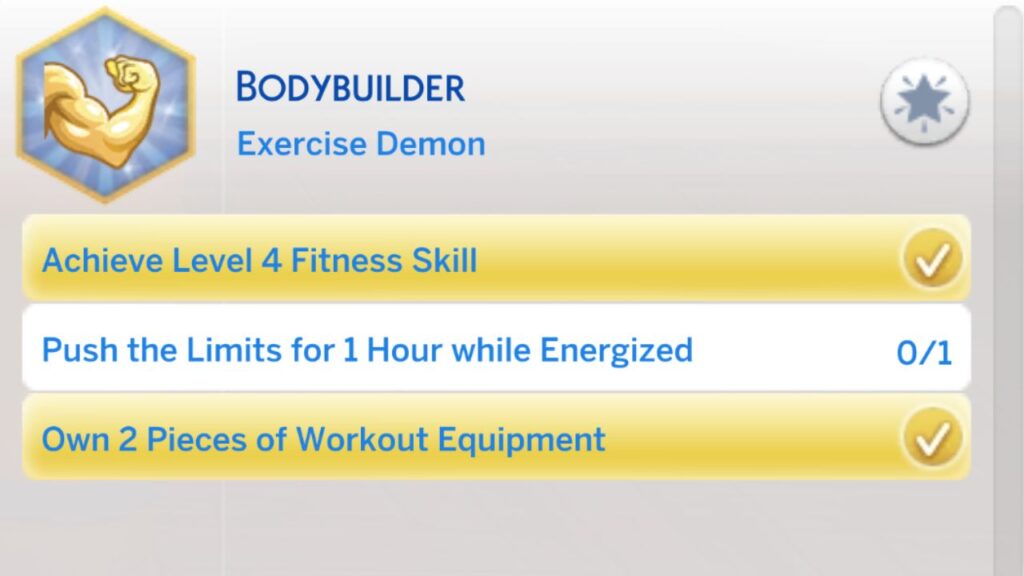 A screenshot from The Sims 4 of the second stage of the bodybuilder aspiration