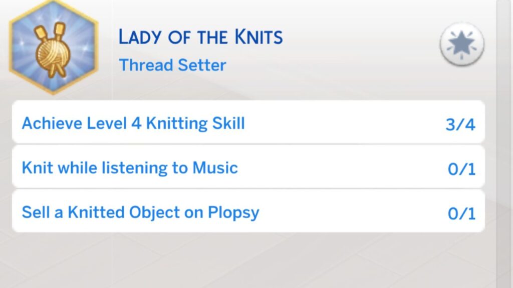 A screenshot from The Sims 4 showing the second stage of the lord or lady of the knits aspiration