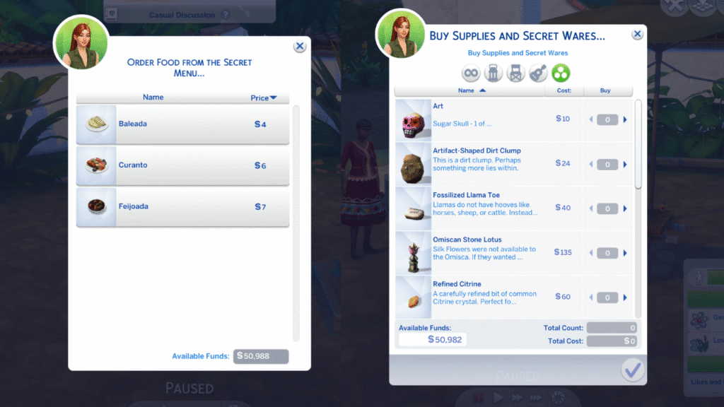 A screenshot from The Sims 4 showing the menus for secret items from the stalls 