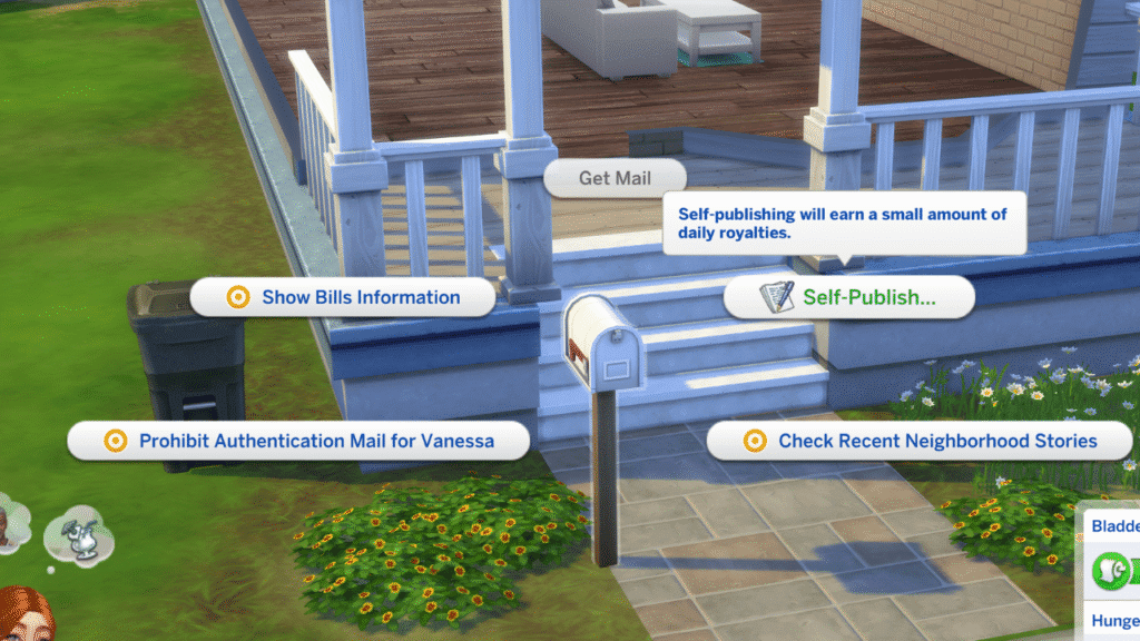 A screenshot from The Sims 4 showing how to publish books with the self publish option