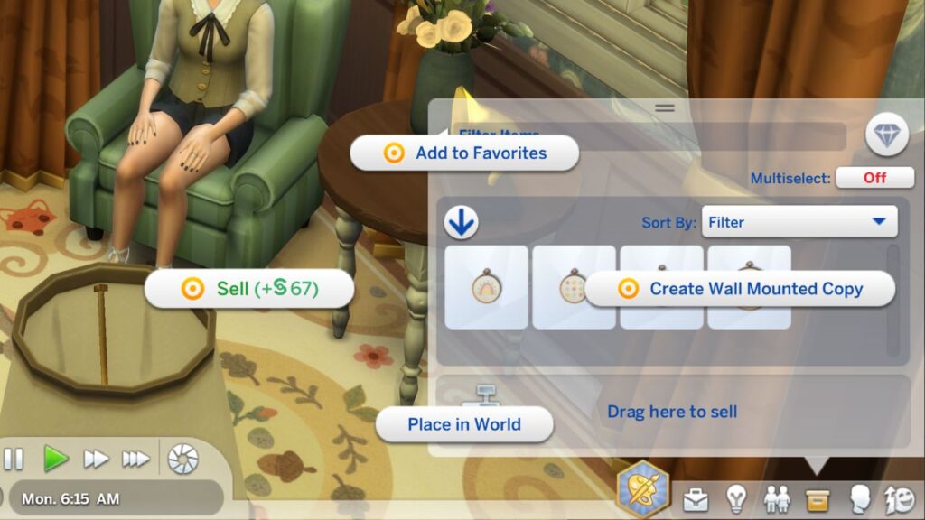 A screenshot showing how sims can sell their cross stitch work from their inventory