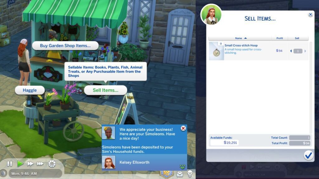 A screenshot showing how a sim can sell their cross stitch items at the garden booth for more money