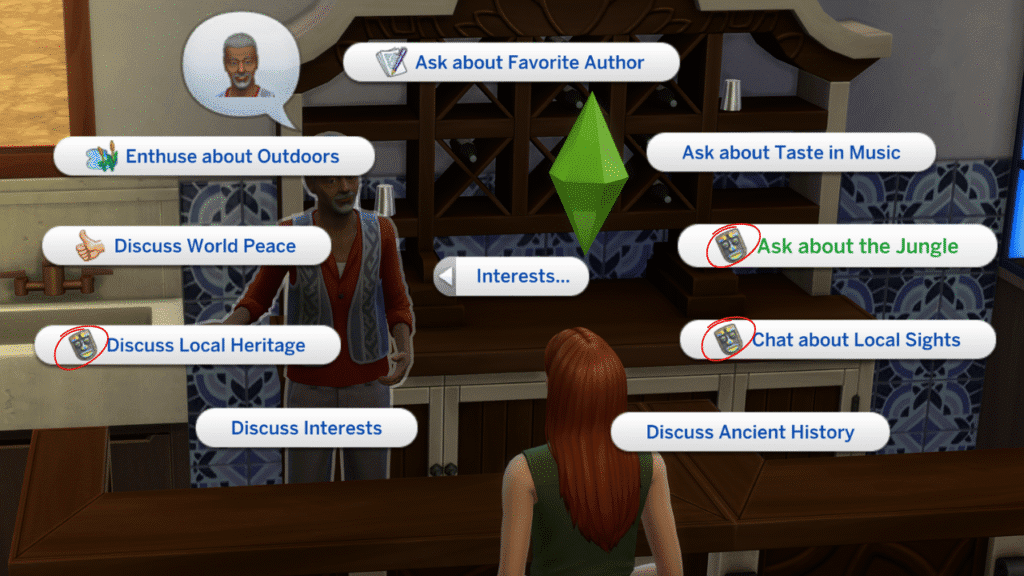 A screenshot from The Sims 4 showing social interactions for the selvadoradian culture skill with those specific social interactions circled 
