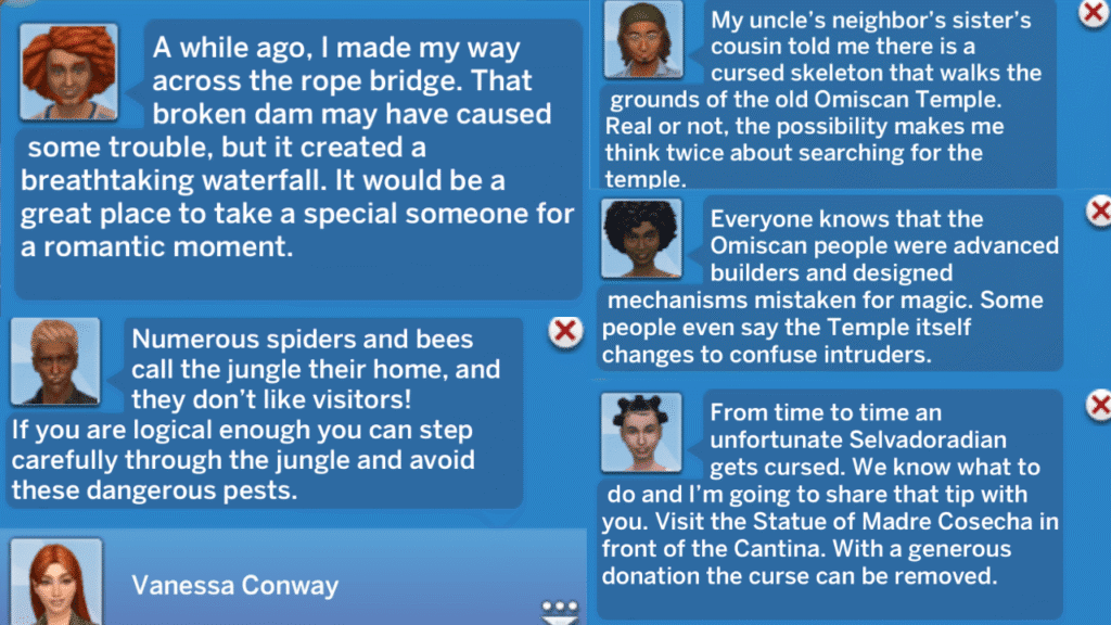 A screenshot from The Sims 4 showing a bunch of notifications with secrets from Selvadorada 