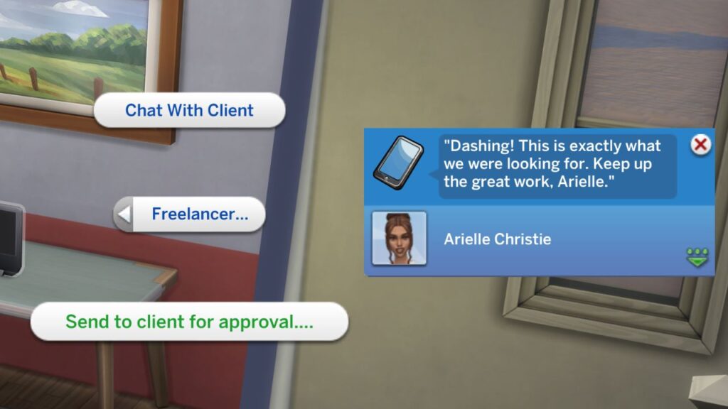 A screenshot from the sims 4 showing how to send an item to a client