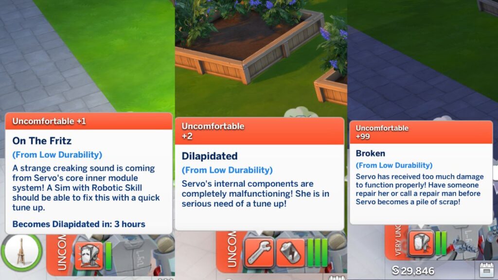 A set of three screenshots from The Sims 4 showing the notifications you get if you ignore a Servo's durability 