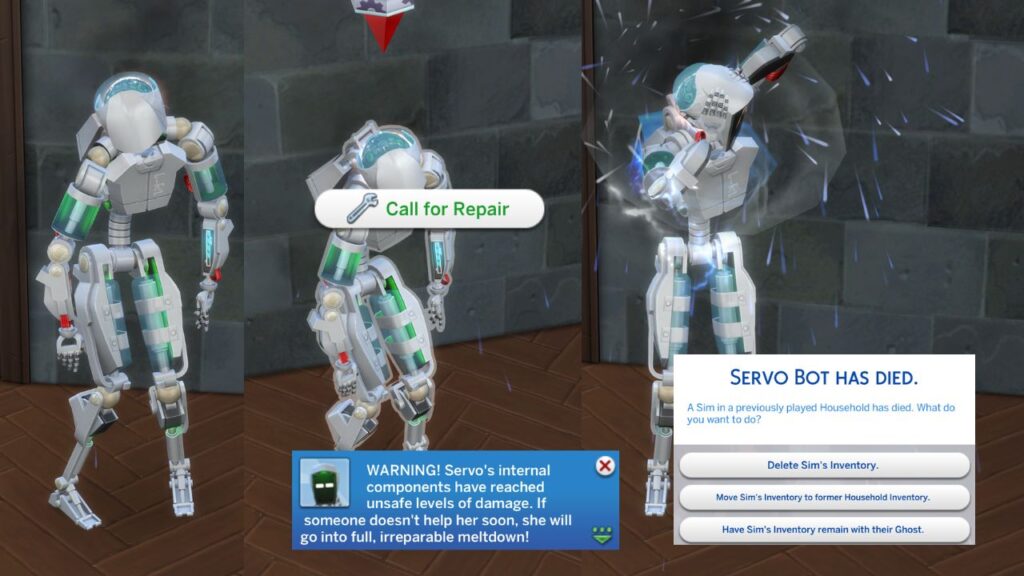 A set of three screenshots from The Sims 4 showing the different stages of a Servo breaking down before death