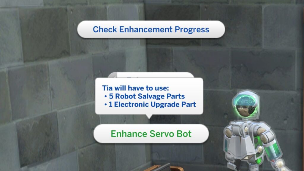 A screenshot from The Sims 4 showing the menu options to enhance a servo bot