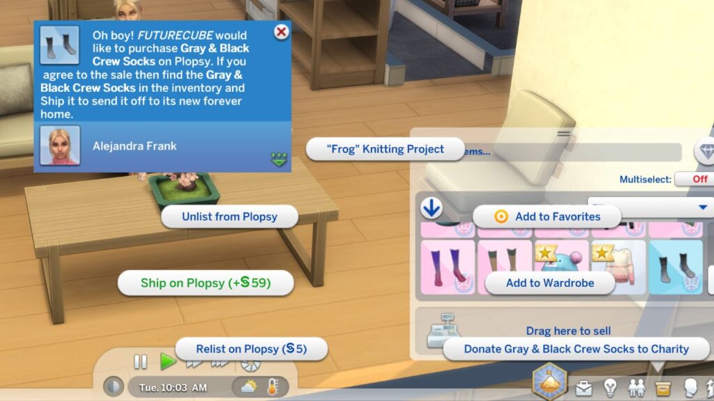 A screenshot from the sims 4 showing how to ship items on plopsy