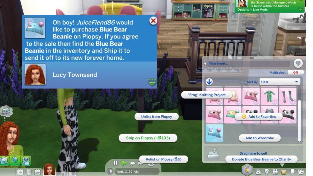 A screenshot from The Sims 4 showing a sim selling an item on Plopsy